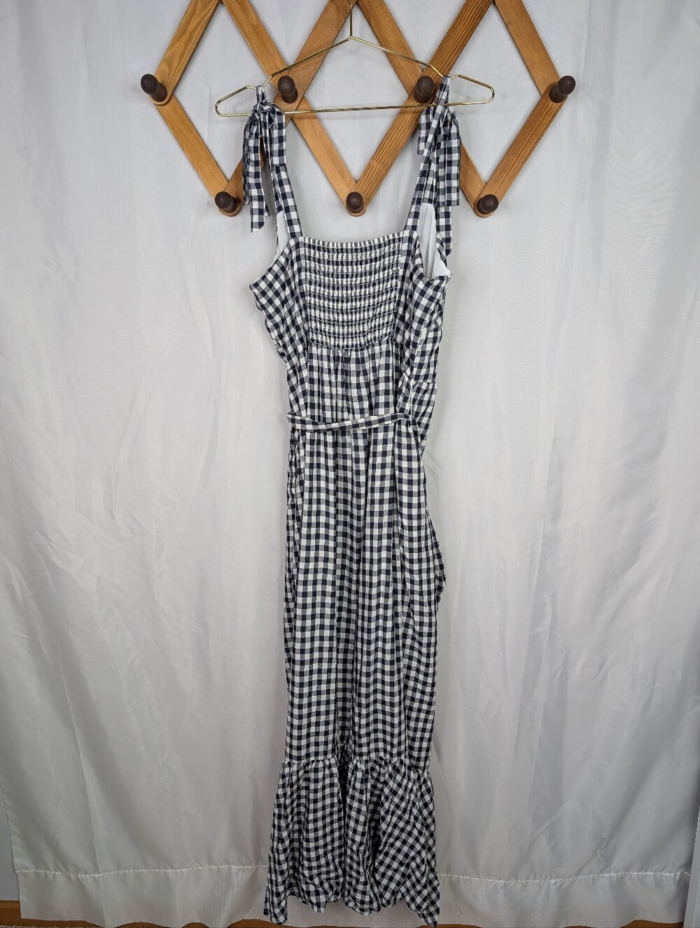 J. Crew Gingam Checkered Button Front Shoulder Tie Midi Dress - 14 Tall - Picture 5 of 10